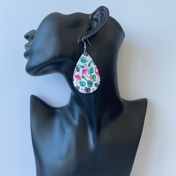 Summer Flamingo & Palm Tree Tear Drop Earrings - Picture 2 of 2